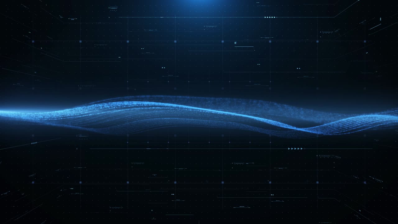 Digital Futuristic Scifi Blue Sine Wave with HUD Interface Monitor Screen Template. Fluid Wave Swirl Technology Security Communication Graphic 4K Motion.