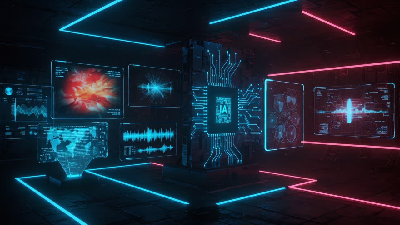 Futuristic AI Control Room with Neon Accents and Digital Displays Showcasing Data and Visualizations of Complex Systems and Interactive Interfaces