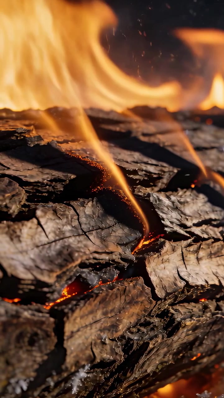 Video verticale: Braci che divampano, un ceppo di legno duro carbonizzato che brucia nel camino, fiamme che si avvolgono verso l'alto.