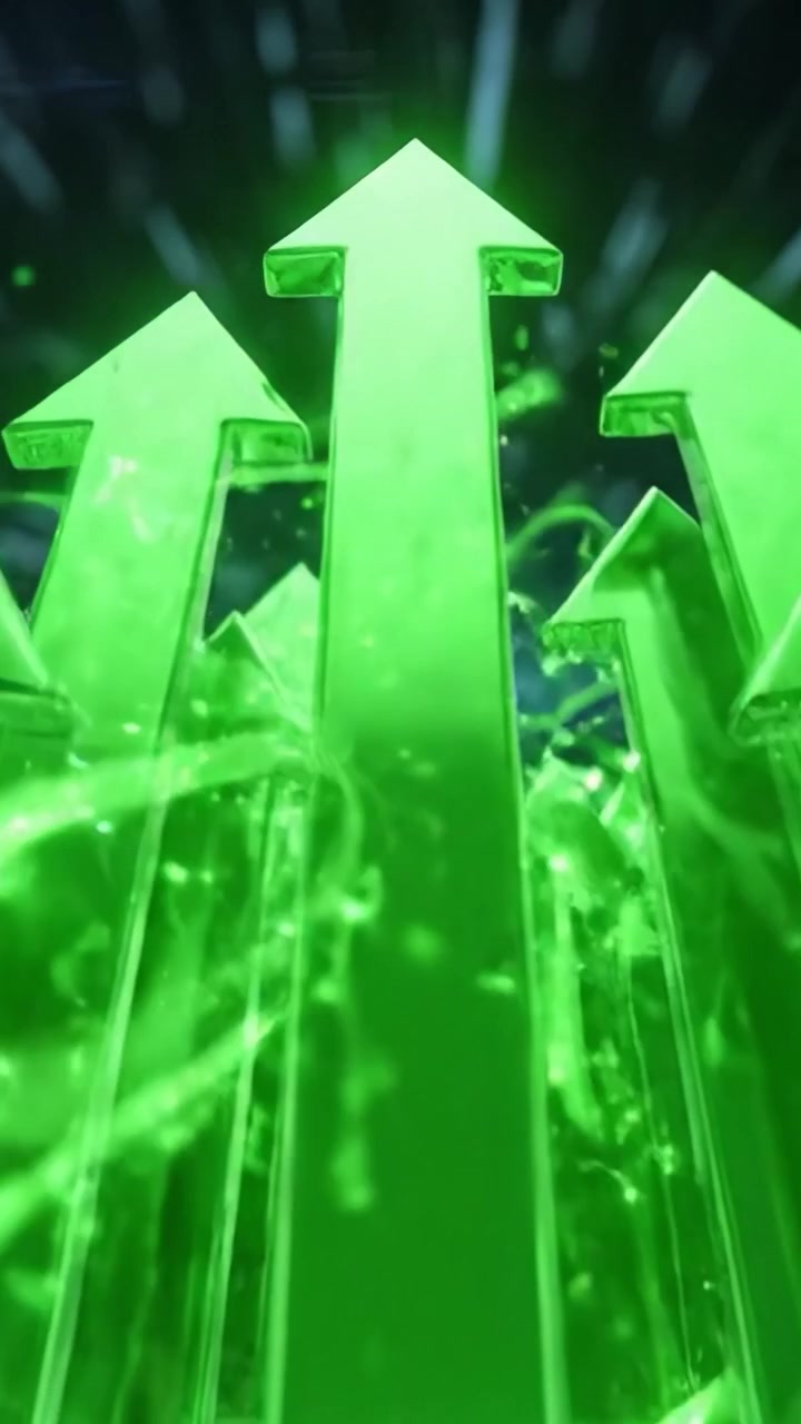 Una visualizzazione dinamica di frecce verdi che convergono verso un centro luminoso: simboleggia crescita, progresso e direzione in un contesto futuristico