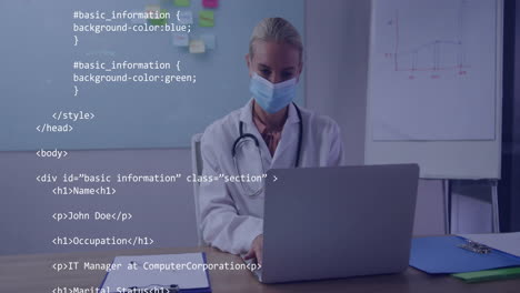 animation of data processing over caucasian female doctor using laptop