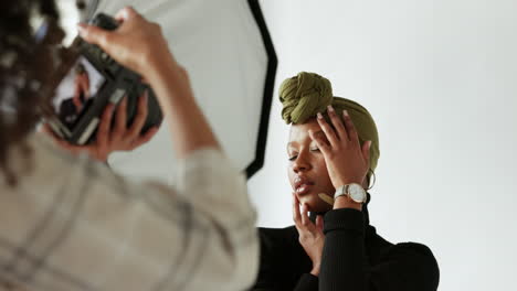 african model, photoshoot and turban woman posing