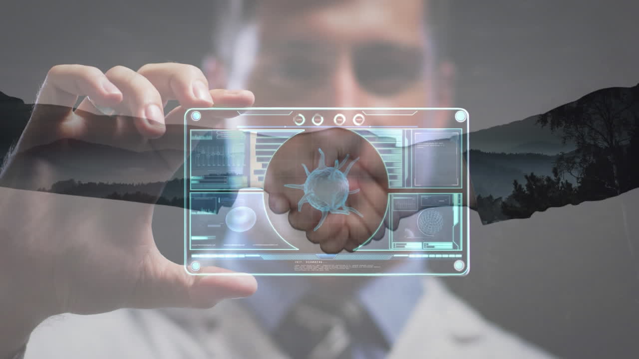 gente de negocios estrechando las manos contra el médico caucásico que sostiene una pantalla futurista