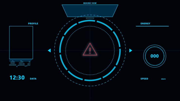 Futuristic Digital Heads-Up Display Interface with Warning Alert