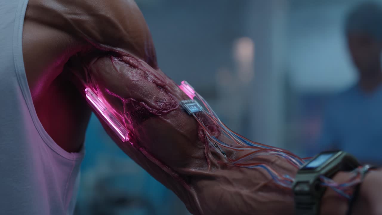 Miglioramento Futuristico: Un'Illustrazione Visivamente Sbalorditiva di un Braccio Umano con Tecnologia Esposta, che Fonde Anatomia e Caratteristiche Cibernetiche Avanzate