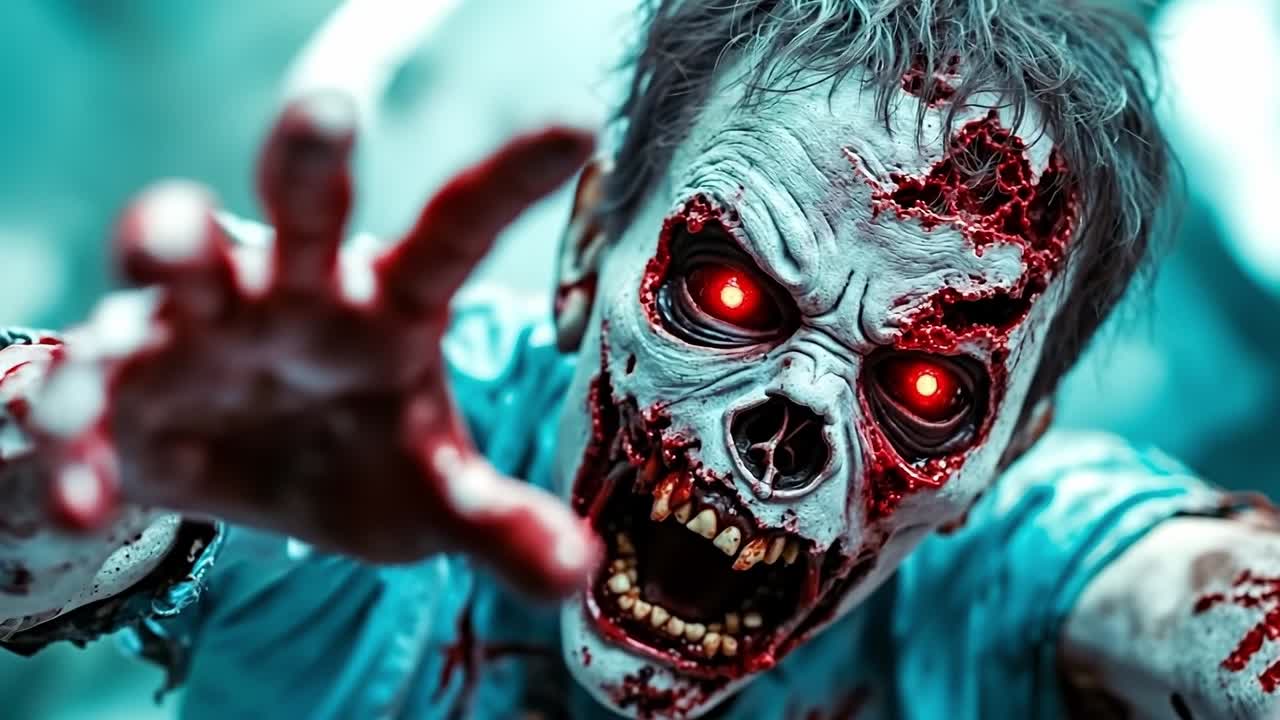 A close up of a person dressed as a zombie with red eyes