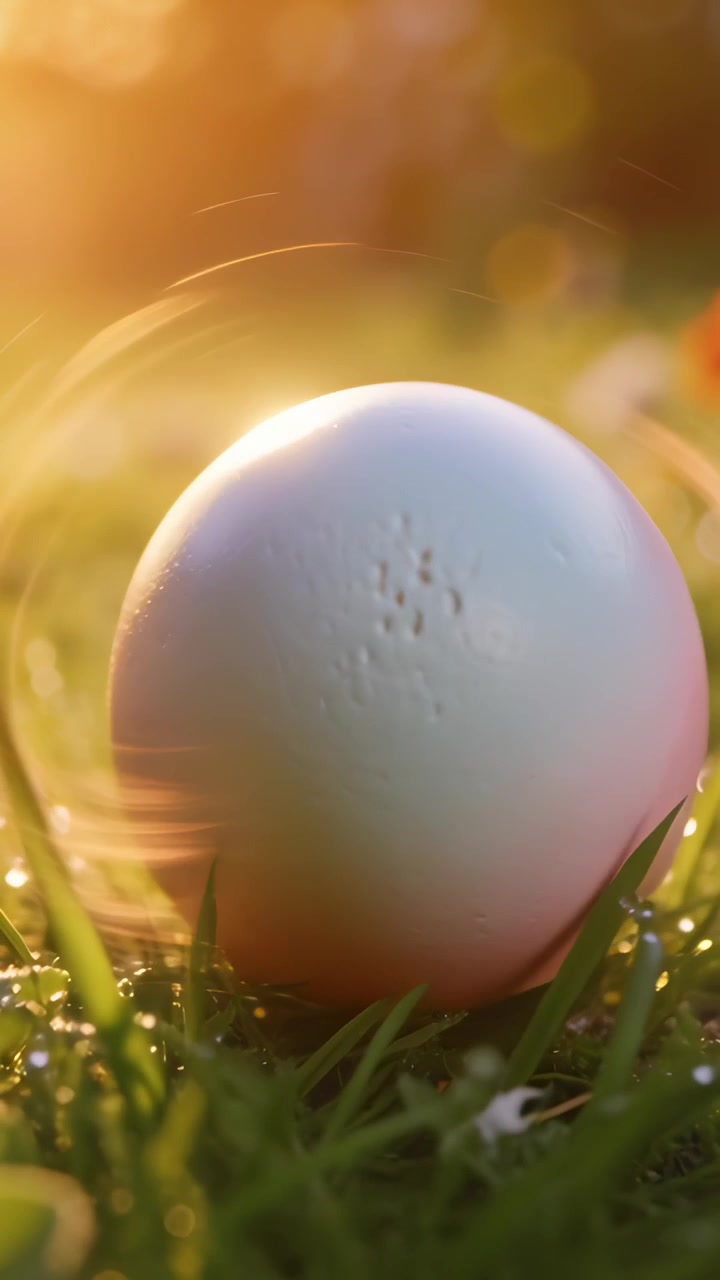 Vertical video: Shifting camera revealing egg in grass in golden bokeh, exposing marks and dew