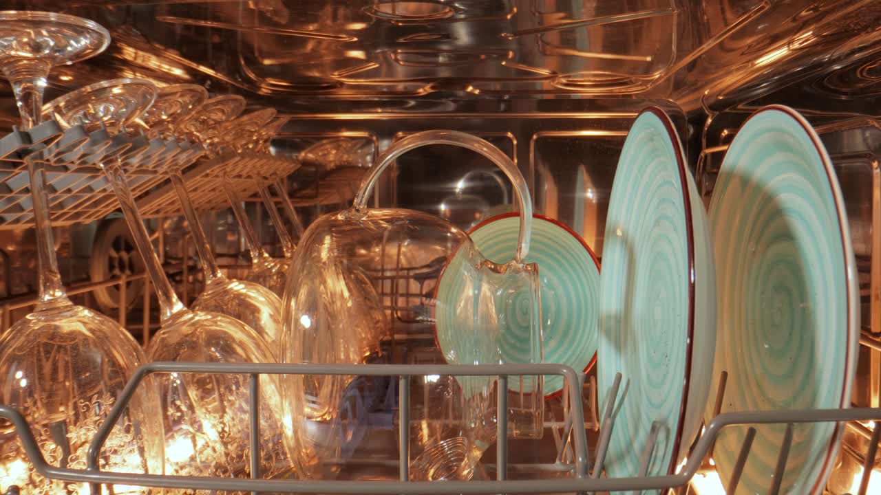 Open dishwasher with clean dishes. Housekeeping concept