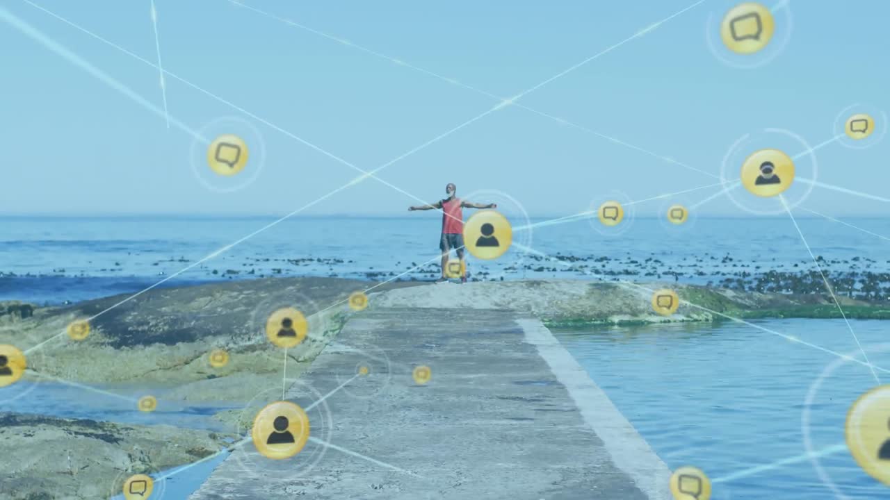 해변에  ⁇ 어있는 노인 아프리카계 미국인 남성의 연결 네트워크의 애니메이션