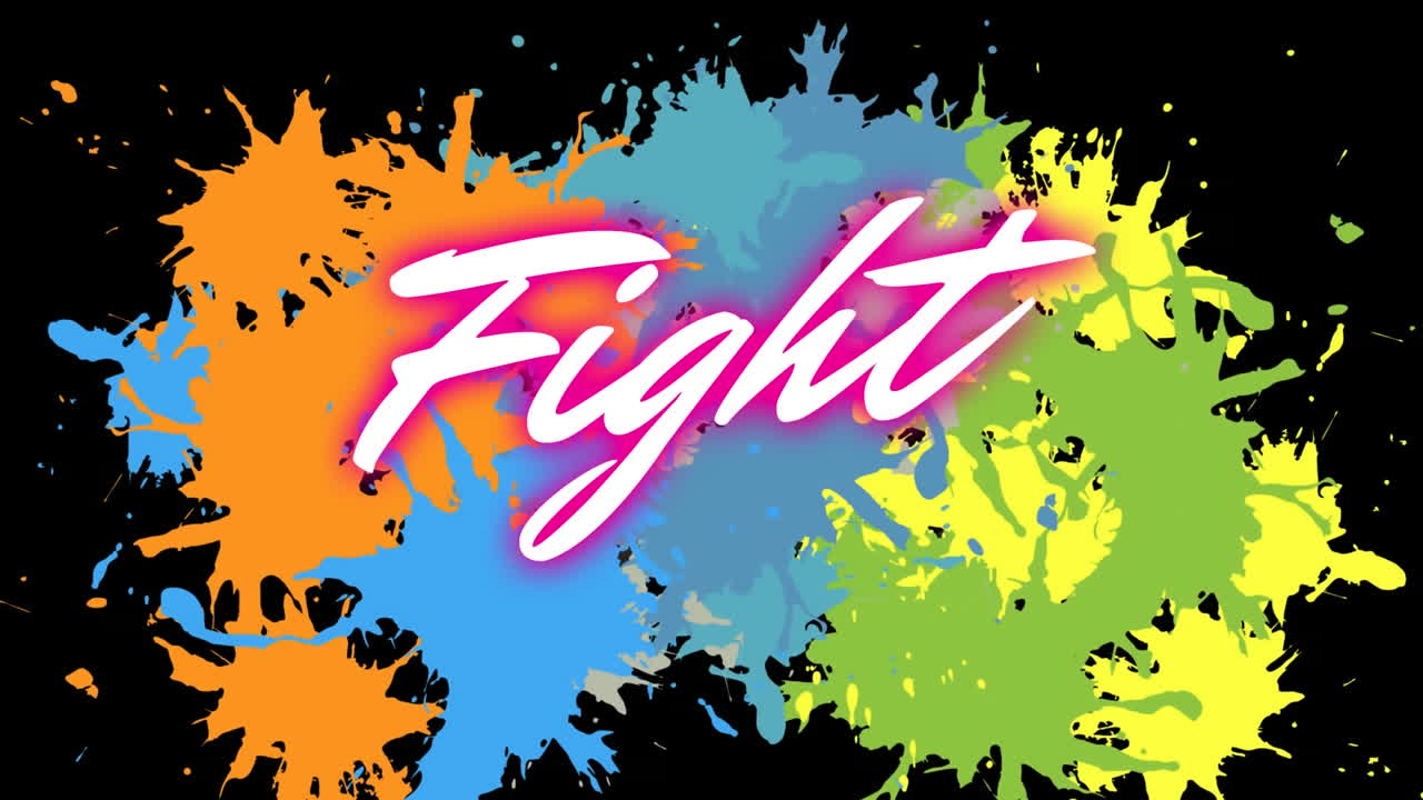 Animation of fight text over multi coloured splashes of paint on black background