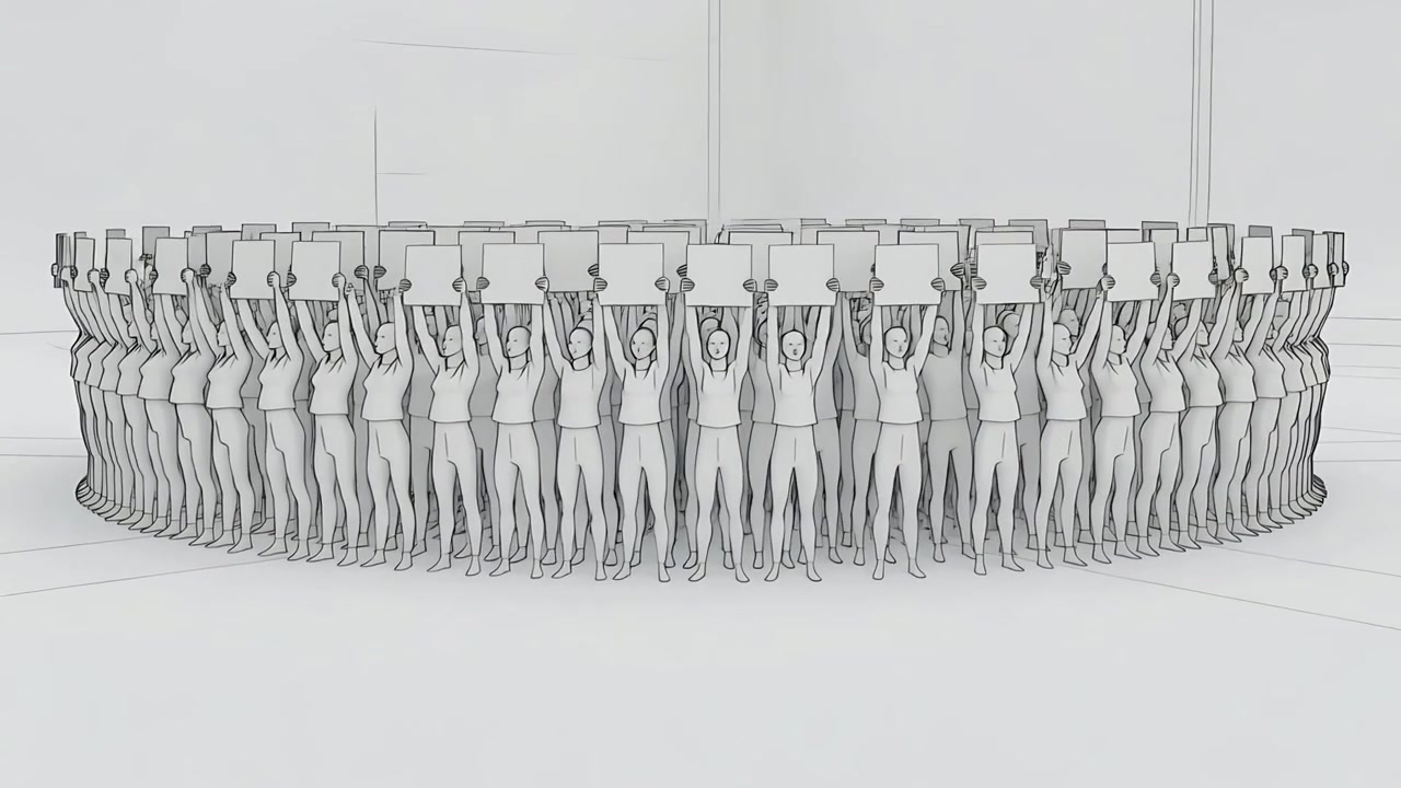 Oprejsende stregtegnede figurer, der reagerer på et signal i et stort rektangulært rum, løfter paneler for at danne et band