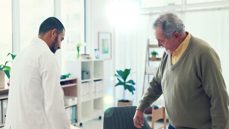 senior man, doctor and handshake for healthcare