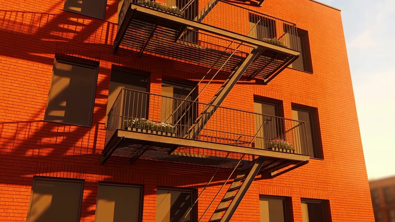 Orange red brick apartment facade shows metal fire escape, grated platforms, diagonal stair, railings, recessed dark windows, small planters, warm sunlight, deep shadows, urban residential texture