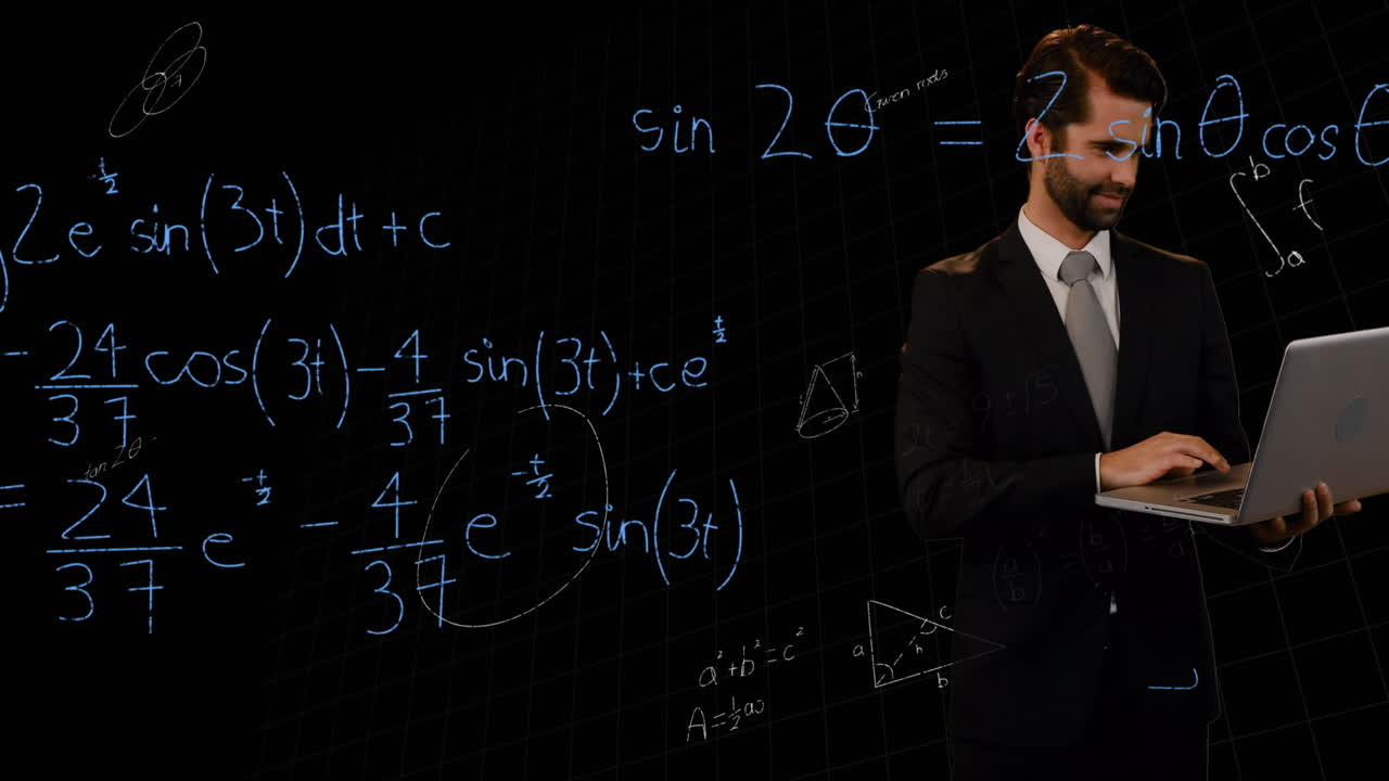 검은 바탕에 노트북을 사용하는 백인 사업가에 대해 떠다니는 수학 방정식