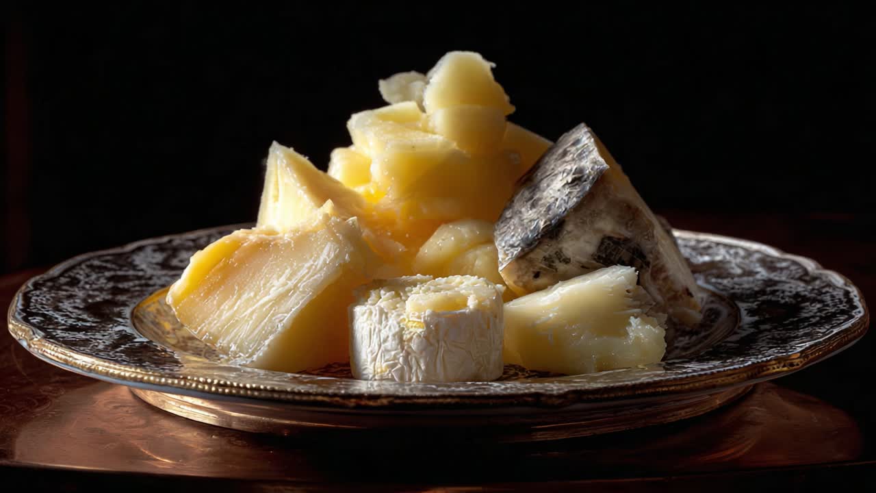 A Fine Arrangement of Artisan Cheeses on a Decorative Plate Captured in Stunning Detail, Showcasing Varied Textures and Colors Against a Dark Background
