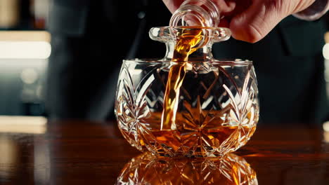 bartender pouring whiskey into a crystal glass