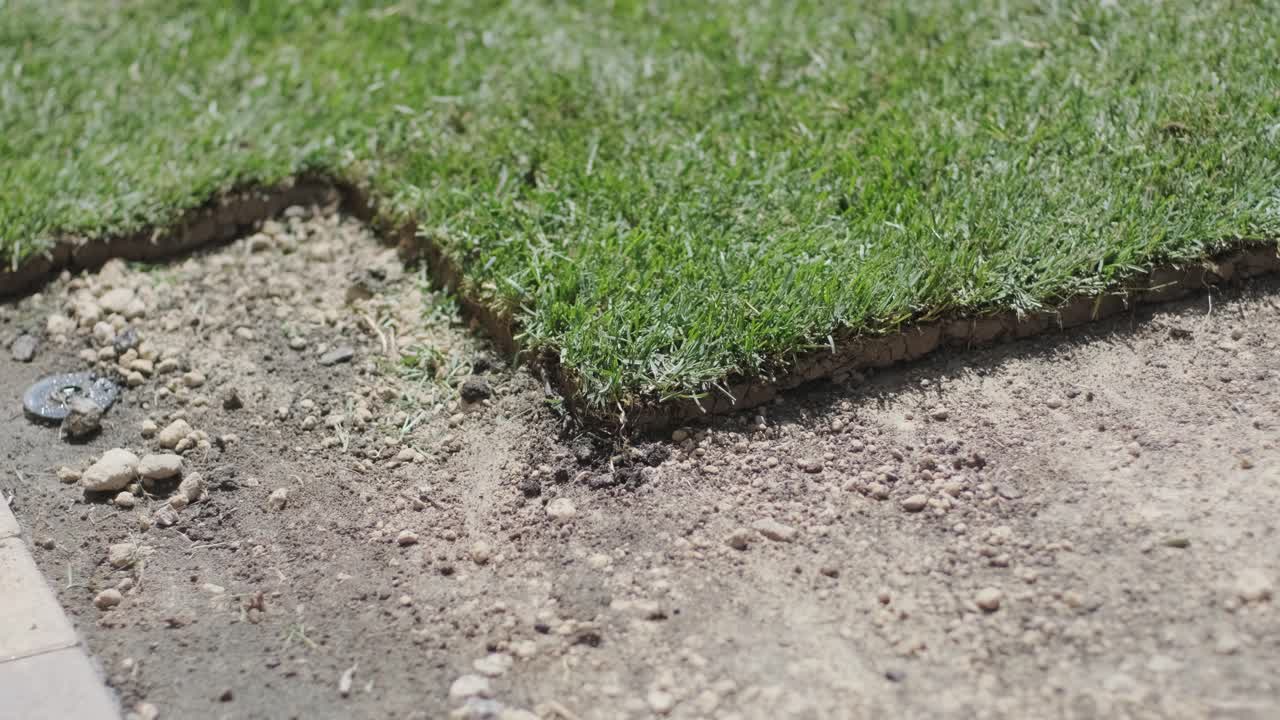 정원사 가 목조 울타리 로 사립 마당 에 잔디 를 고 있다