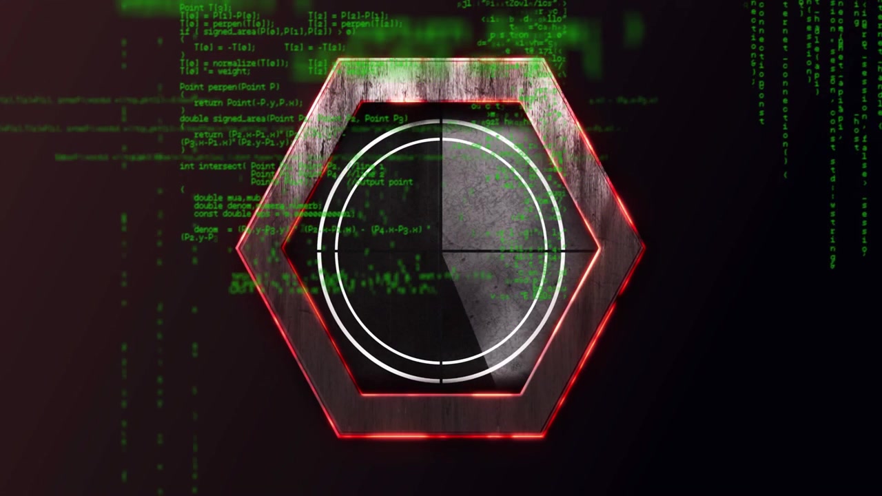 Green code starting, metal hex staying centered while overlays scrolling, rings rotating, for scan