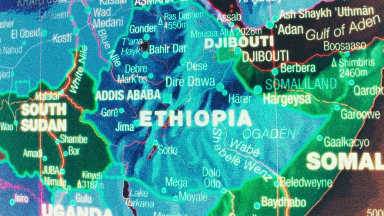 Vibrant Neon Map of Ethiopia and the Horn of Africa