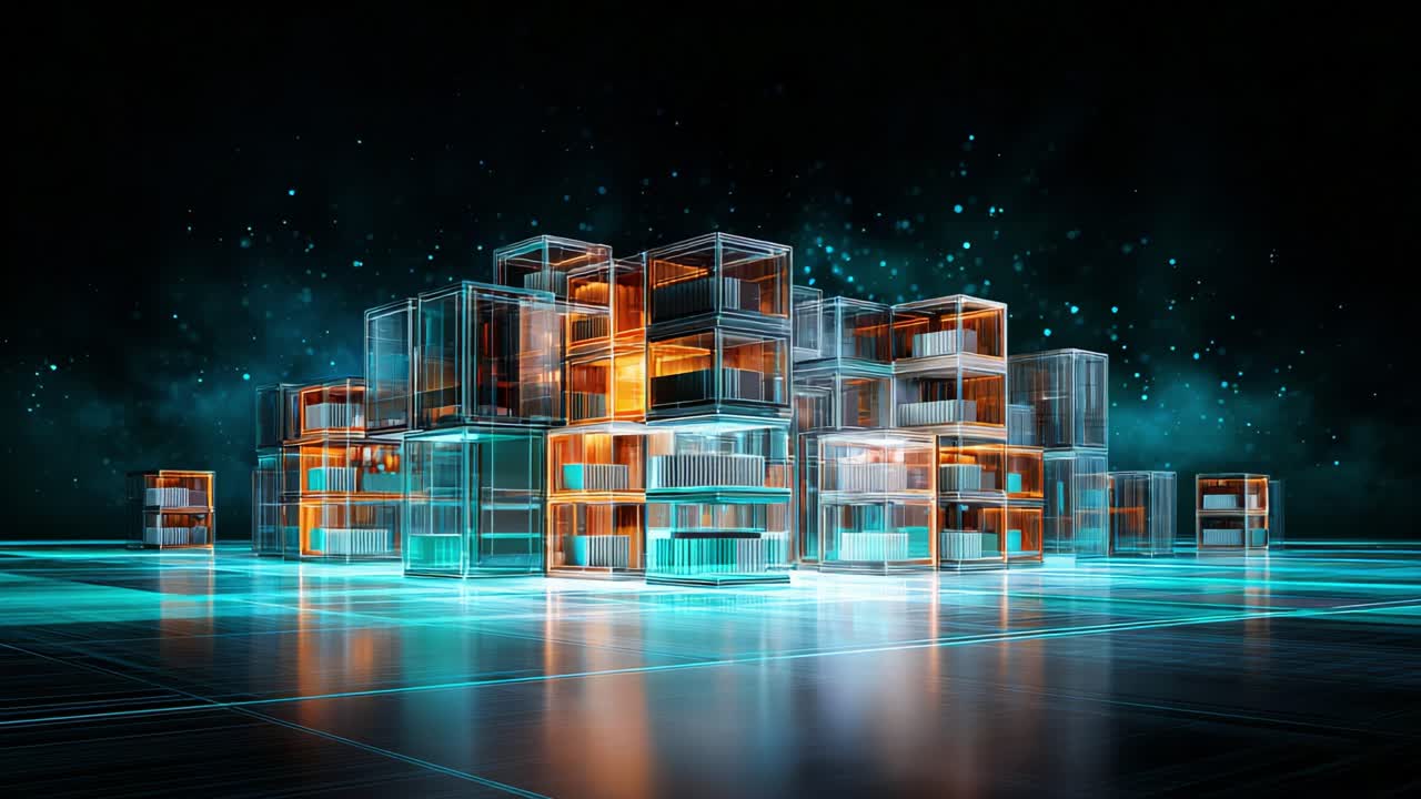 Futuristic Architectural Structures Rendered with Glowing Transparent Materials and Vibrant Lighting, Set Against a Cosmic Background and Reflective Surface