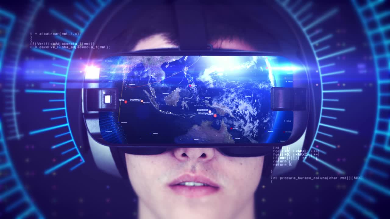 giovane uomo che indossa le cuffie vr e sperimenta la realtà virtuale 3d.