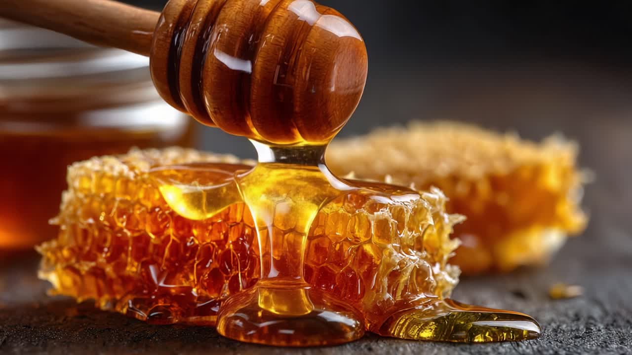Miele dorato che cola da un favo con un mestolo di legno, mostrando la dolcezza naturale e la ricca consistenza del miele fresco in un primo piano.