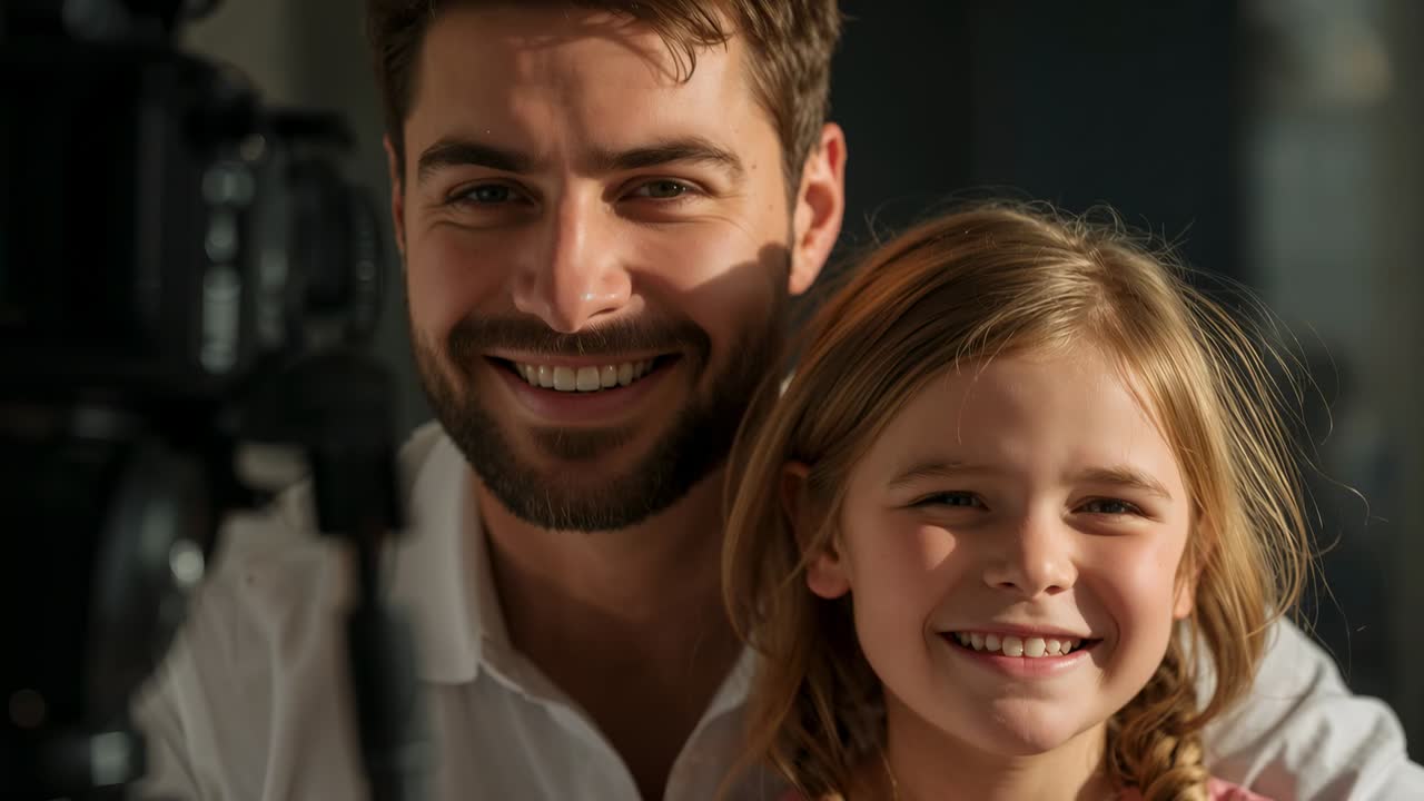 Far och dotter poserar leende nära ett fönster med stativ, i det ögonblick kameran knäpper.
