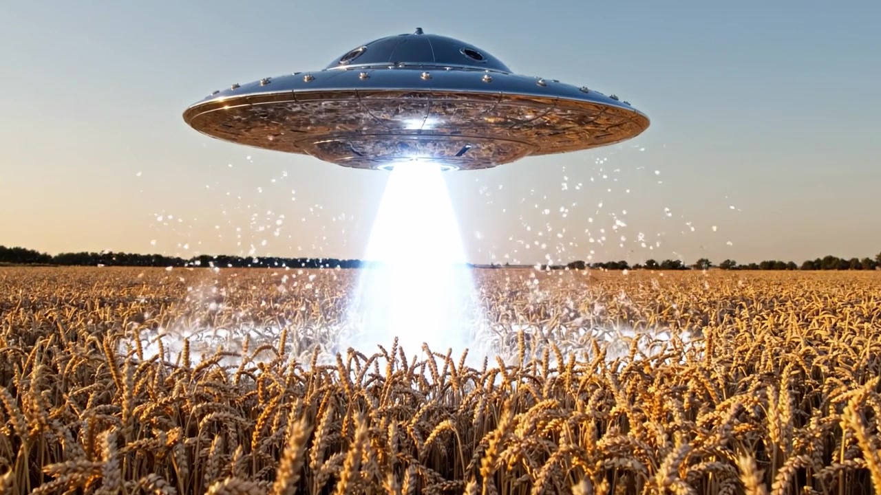 En mystisk UFO svever over en gyllen hveteåker, sender ut en lysstråle mens den samhandler med omgivelsene i et surrealistisk møte.