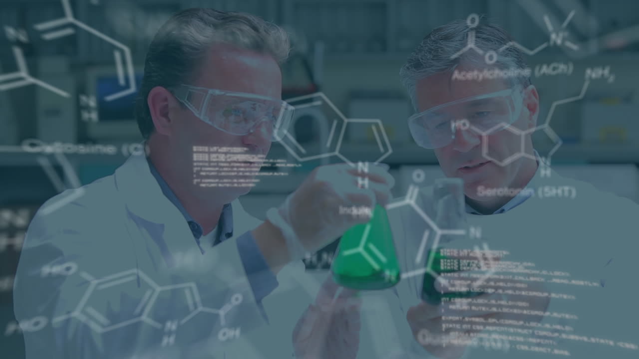 Animation of data processing and chemical formula over caucasian male scientists in lab