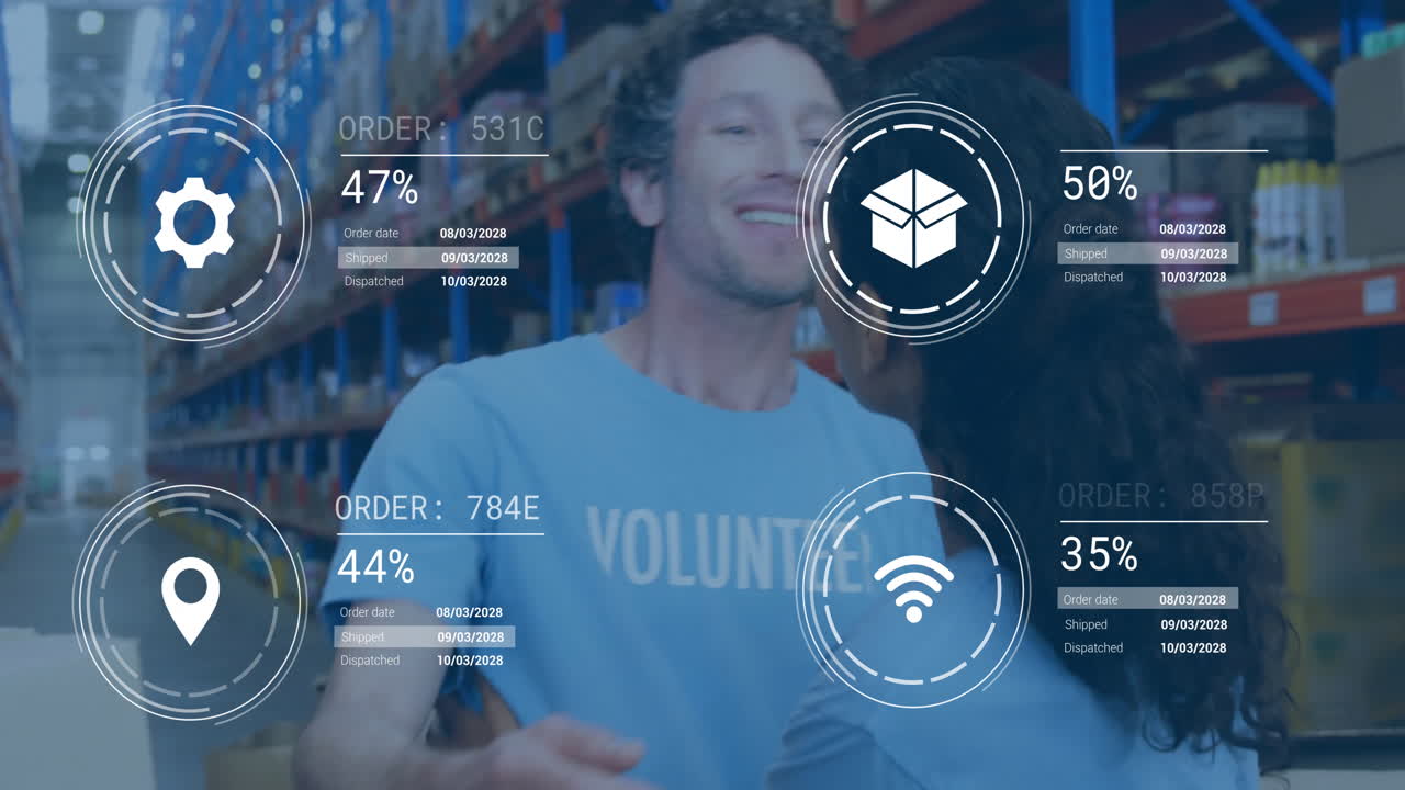 Volunteers in warehouse with data processing animation overlaying their activities
