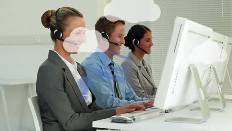 animation of clouds with tech devices over diverse consultants working with computers