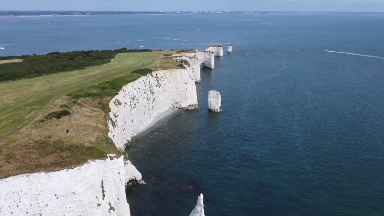 Aerial Pullback From Old Harry Rocks Sea Stack Cliffs Jurassic Coast