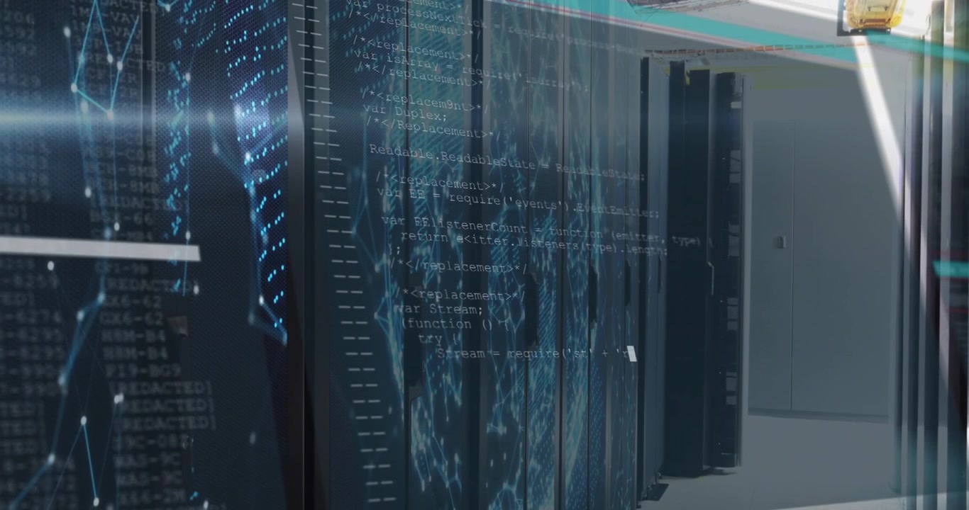 Camera panning server racks showing blue network nodes then overlaying code visualizing topology