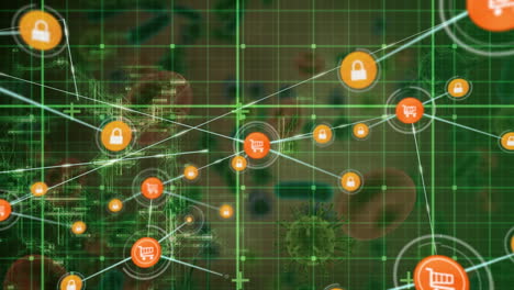 red de iconos digitales sobre red de rejilla contra covid-19 células y vasos sanguíneos flotantes