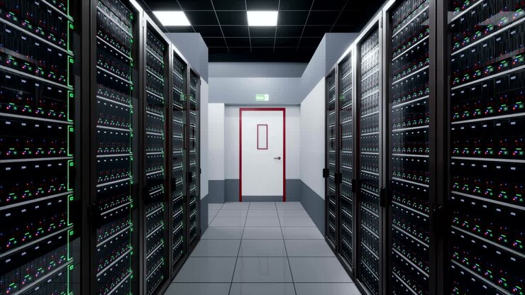 Camera fly around server room in data center.