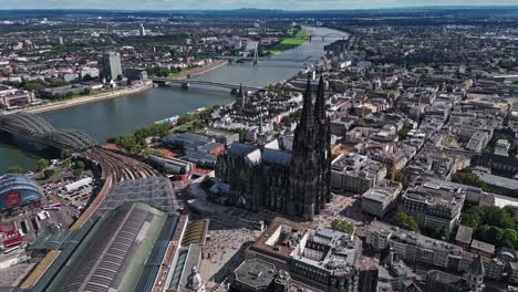 wide angle view of cologne cathedral, the rhine and surrounding city