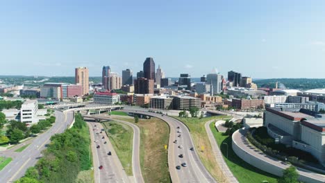 Drone-aerial-view-of-the-busy-highways-around-the-Twin-Cities,-MN