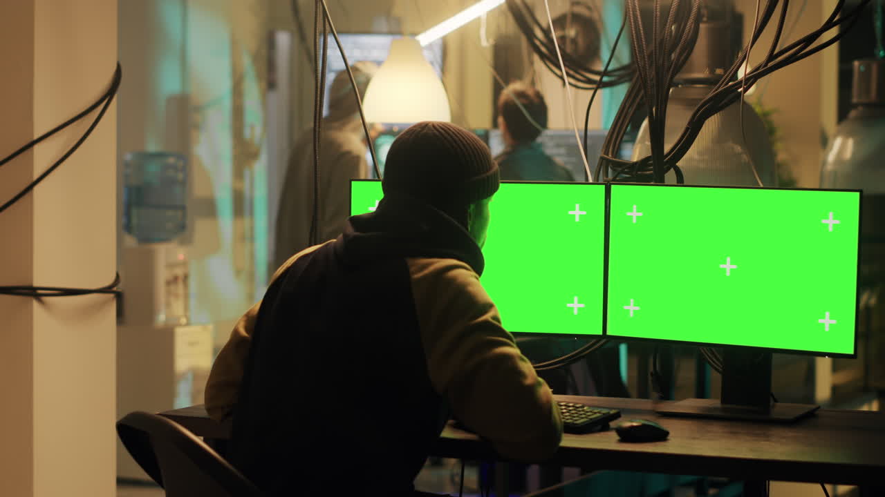 Man using computer with green screen monitors