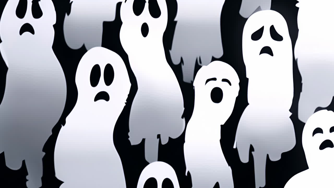 A crowd of white cartoon ghost figures on a dark background