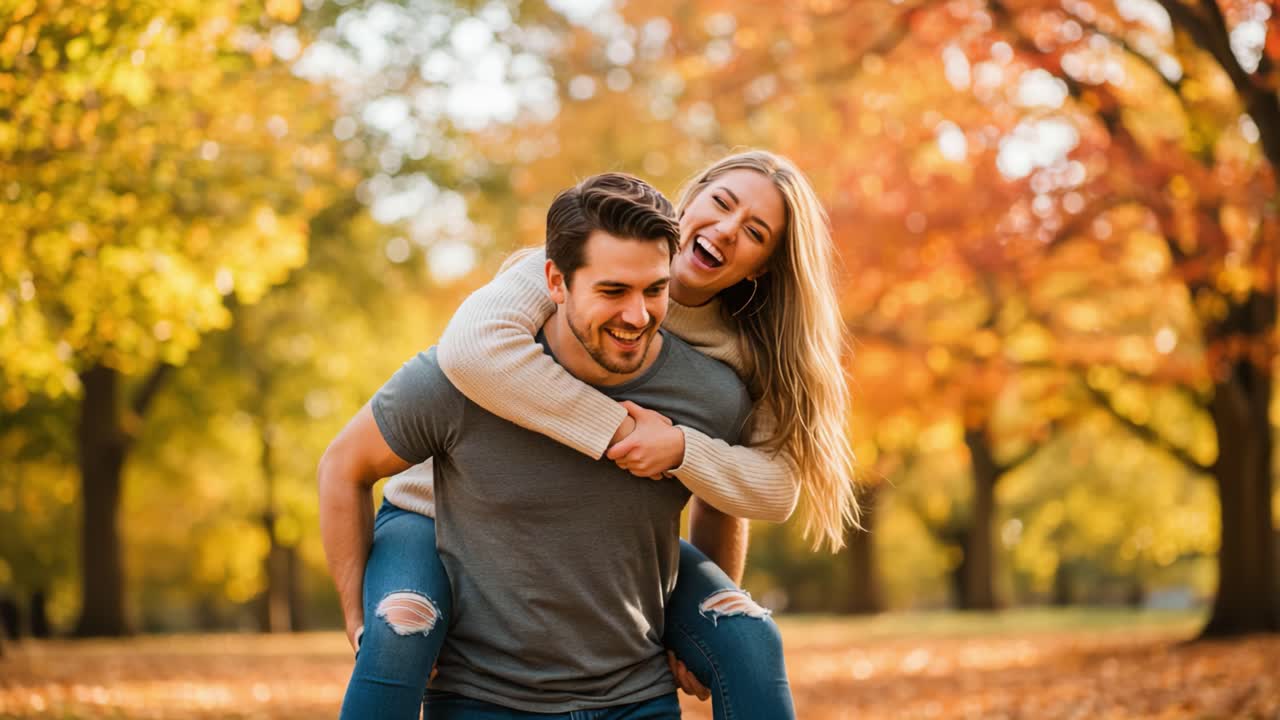 Casal feliz desfrutando de um passeio de cavalinho em um parque de outono.