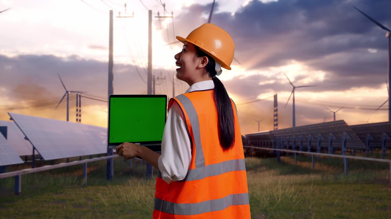 Back View Of Asian Female Engineer With Safety Helmet Working On A Green Screen Laptop And Looking Around With Solar Panel and Wind Turbines