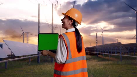 back view of asian female engineer with safety helmet working on a green screen laptop and looking around with solar panel and wind turbines