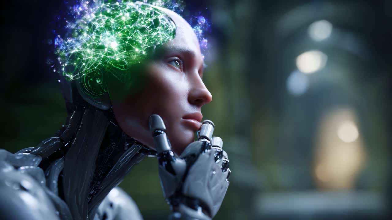 Un robot pensieroso contempla la sua esistenza con connessioni neurali visualizzate e tecnologia avanzata, evidenziando la fusione tra umanità e intelligenza artificiale