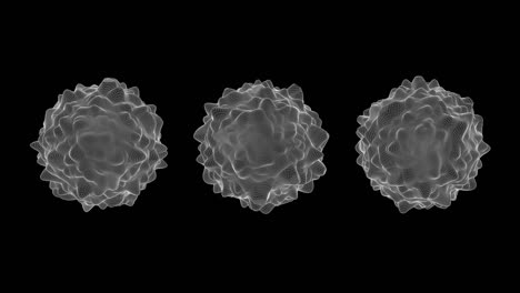 tres esferas deformadas. fondo negro, cuadrícula blanca. animación abstracta, renderizado en 3d.
