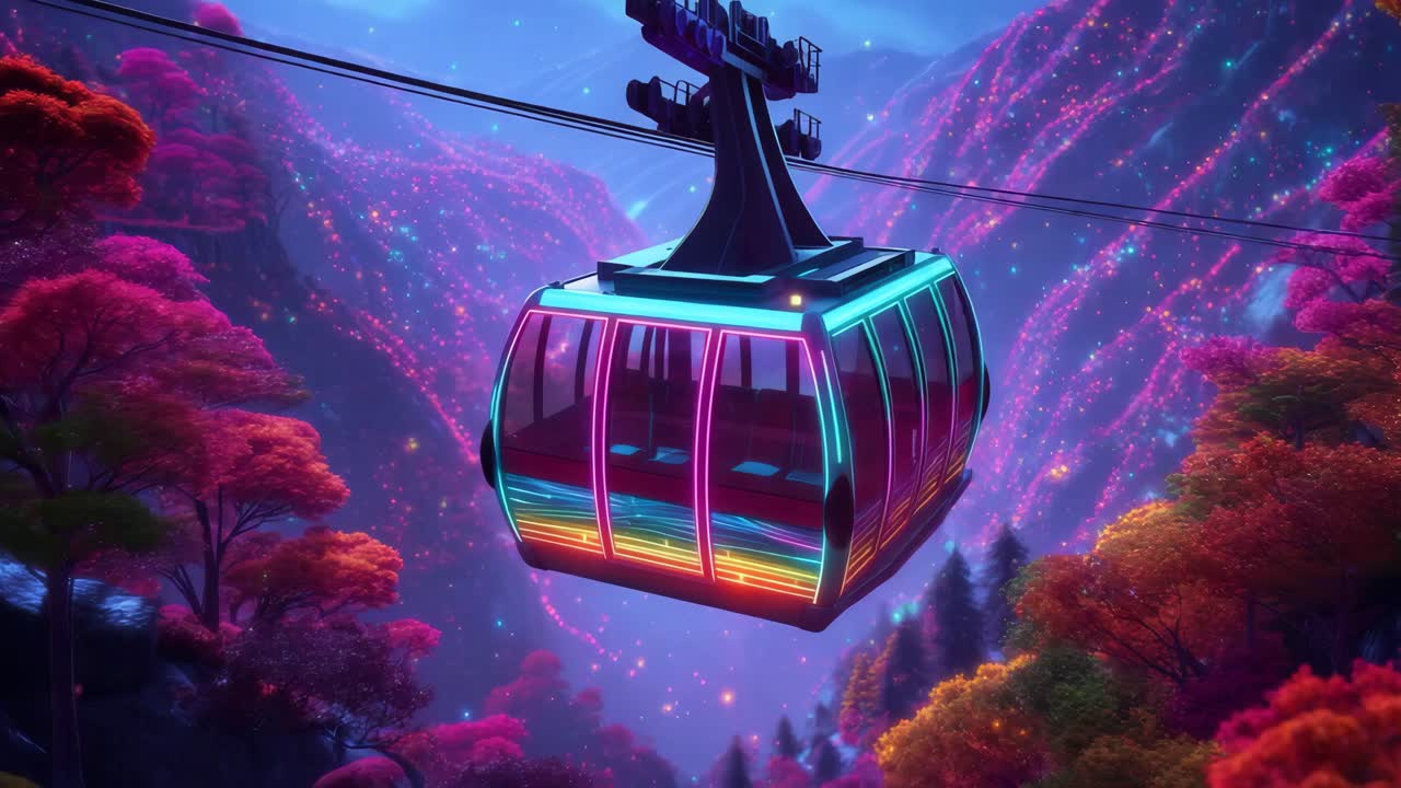 꿈 같은 산악 풍경을 가로질러 네온 케이블카