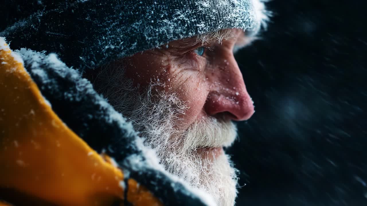 Ein nachdenklicher älterer Mann in Winterkleidung trotzt den harschen, schneebedeckten Elementen. Sein wettergegerbtes Gesicht erzählt Geschichten von Widerstandsfähigkeit gegen die unbarmherzige Kälte und Einsamkeit.
