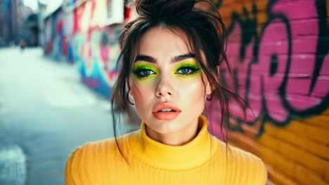 a woman in a yellow turtle neck sweater with bright green eyeshadow