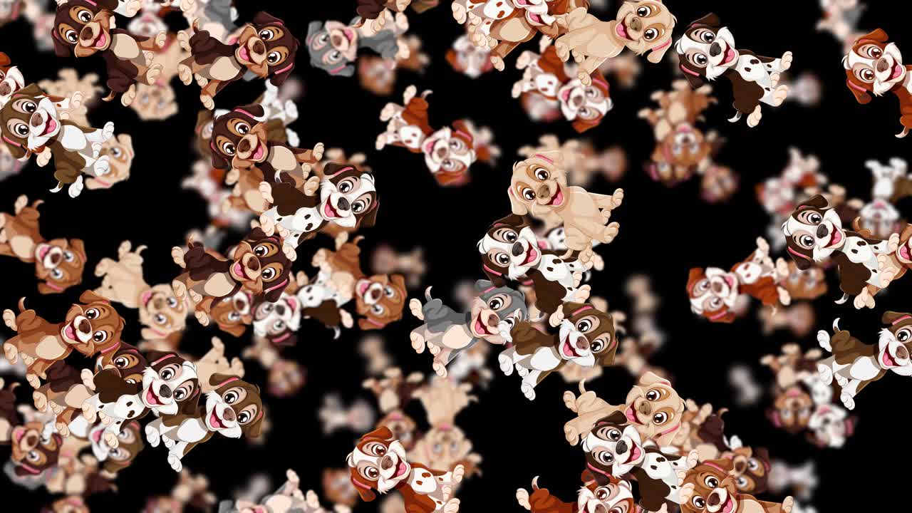 카 개들이 검은 바탕에 떨어지고 있다.