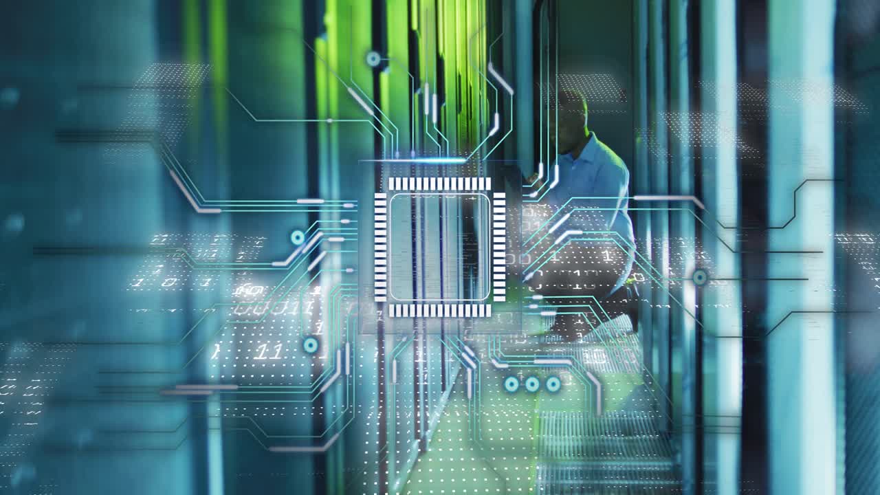 Microchip overlay appearing, causing tech kneeling, opening rack, checking tablet, fixing servers