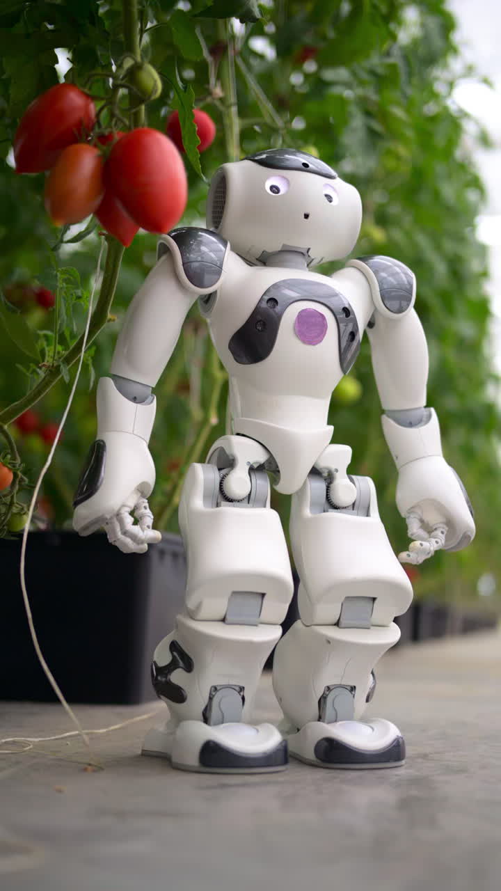 Humanoid robot standing near rows of tomatoes in a greenhouse farm. Vertical
